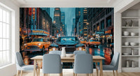 Dining room neon NYC street wall mural with rainy traffic
