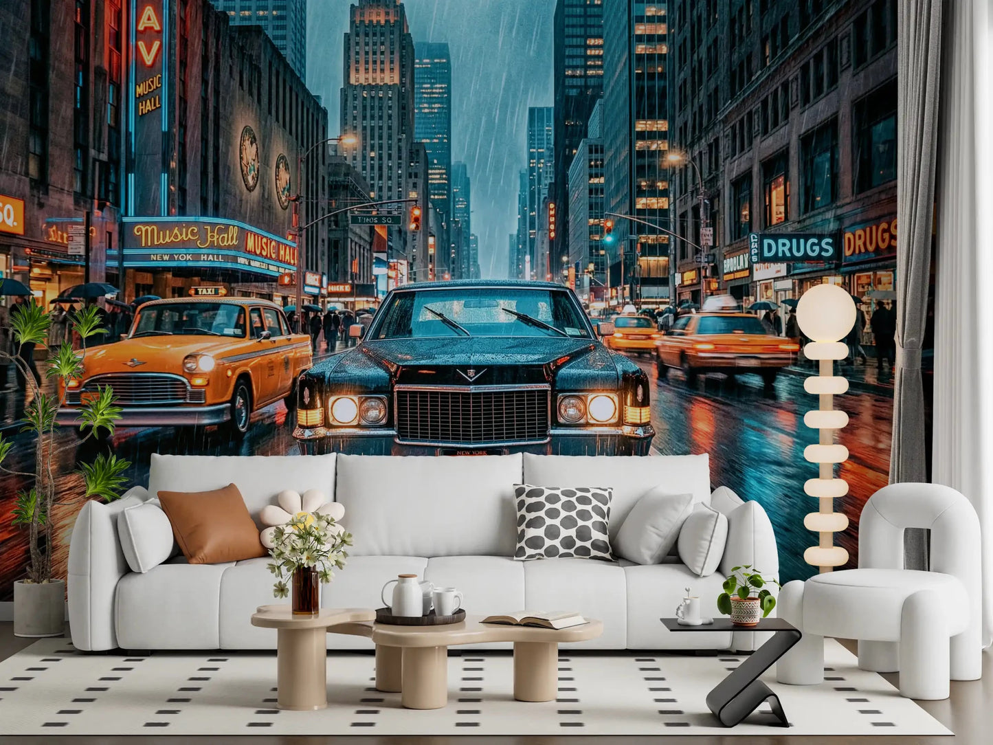 Hallway NYC rain wall mural with taxis and neon reflections