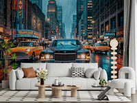 Hallway NYC rain wall mural with taxis and neon reflections
