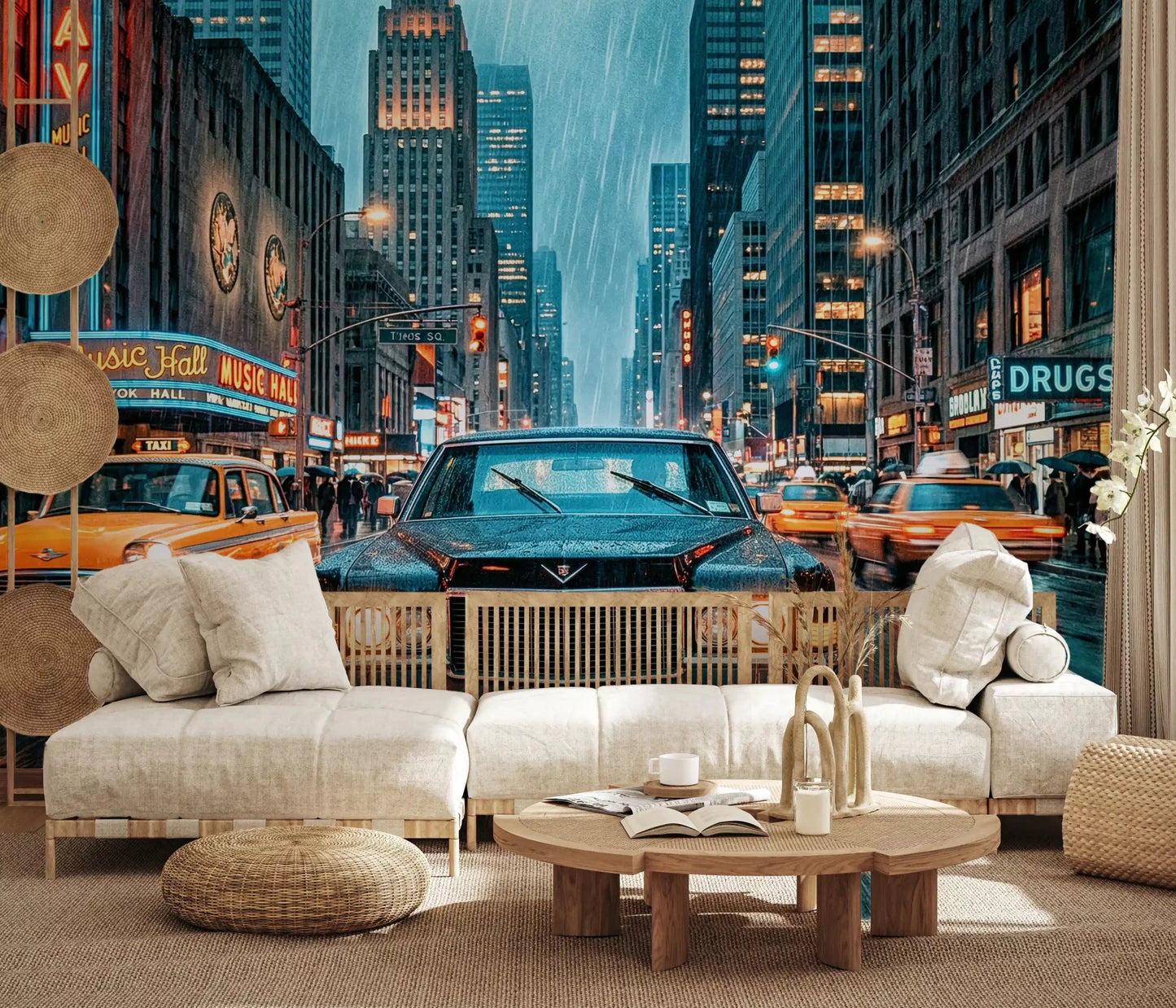 NYC night wall mural with neon lights and rain reflections