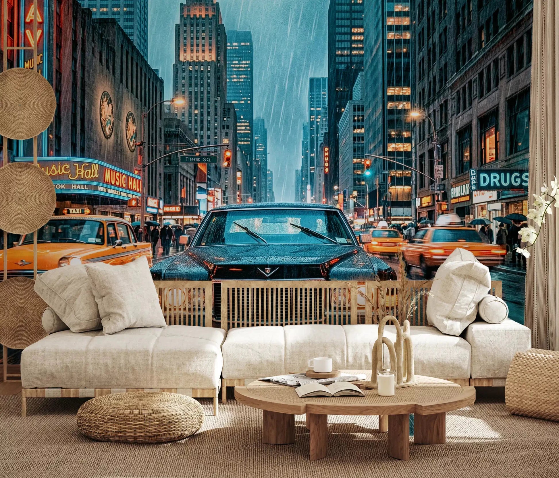 NYC night wall mural with neon lights and rain reflections