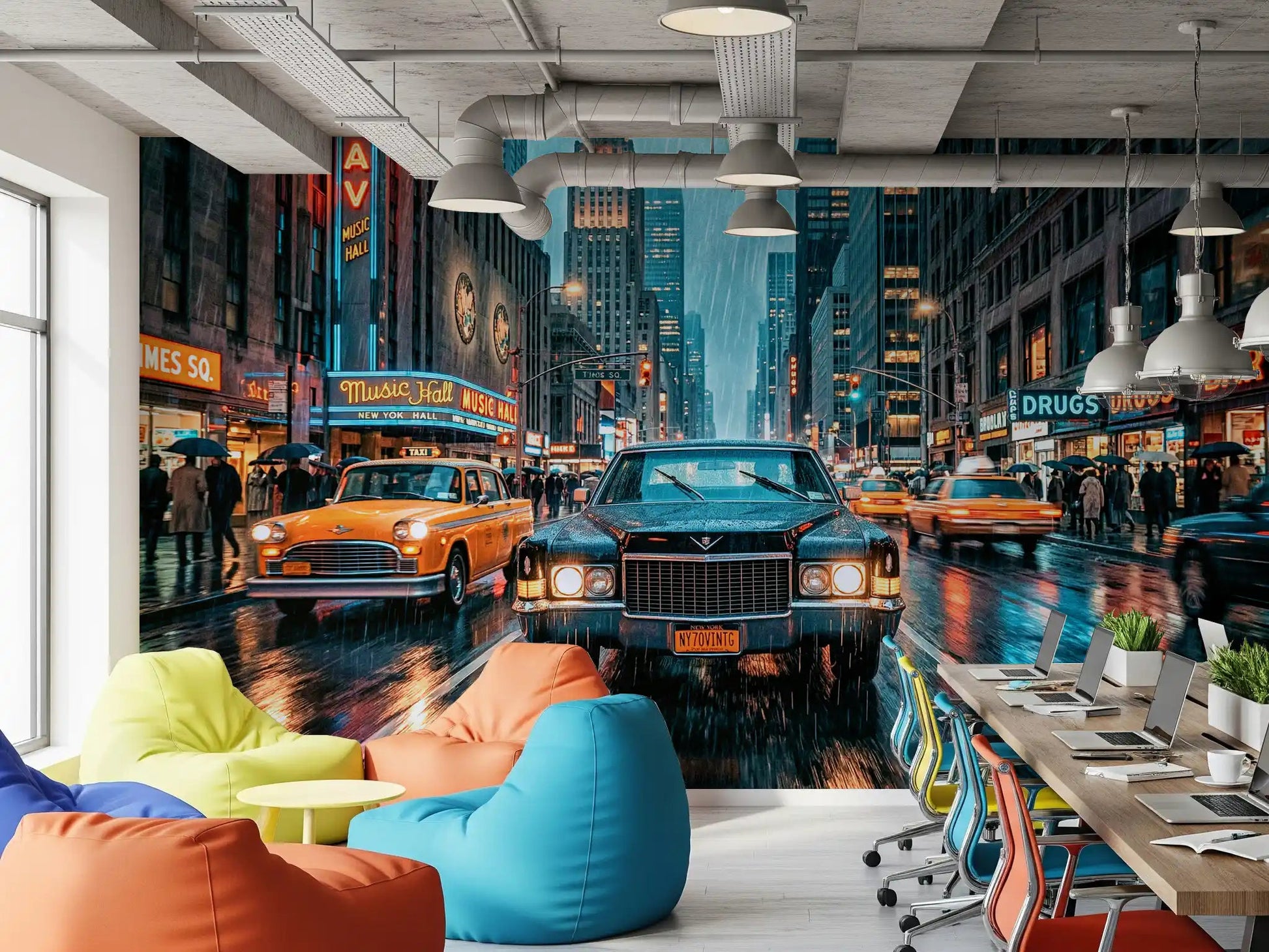 Neon Rain in the City wall mural with taxis and wet streets