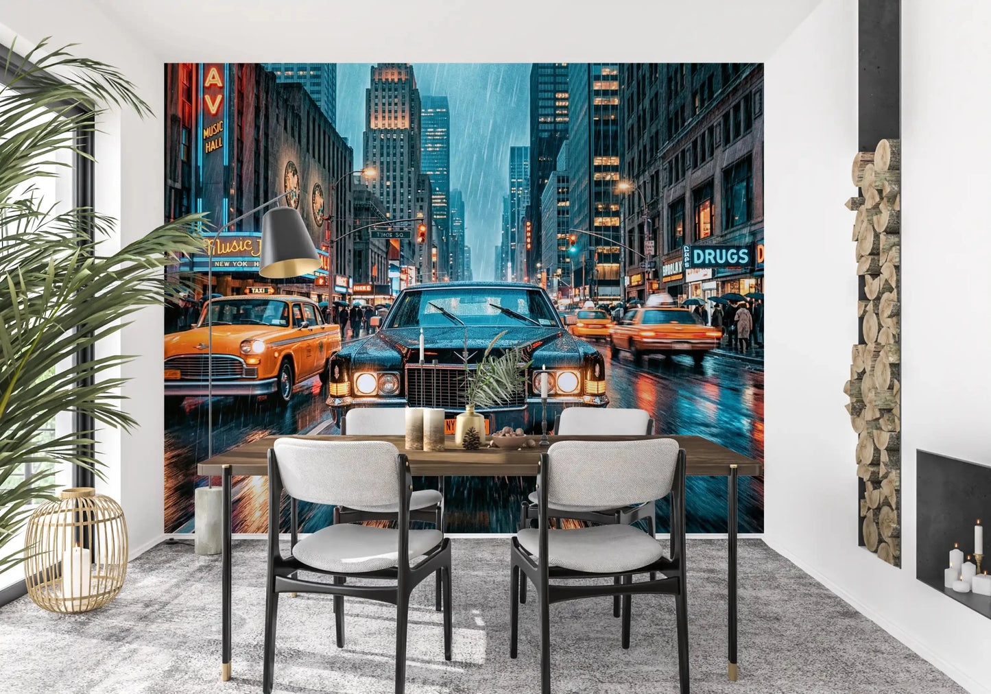 NYC neon street wall mural with rain and bright lights