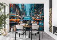NYC neon street wall mural with rain and bright lights