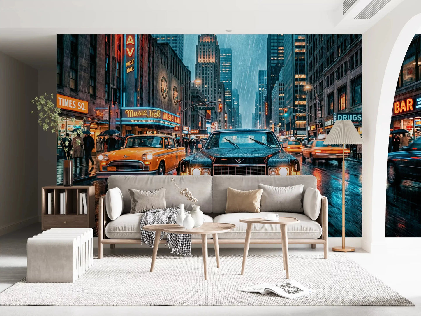 Urban NYC wall mural with taxis and glowing street signs