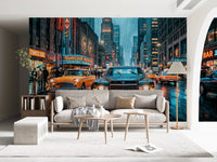 Urban NYC wall mural with taxis and glowing street signs