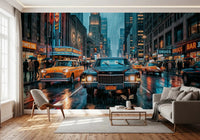 City night wall mural with taxis and wet road reflections