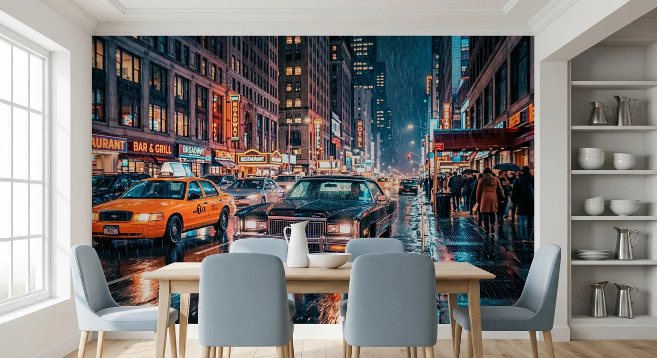 Dining room NYC neon rain wall mural with taxis and city lights