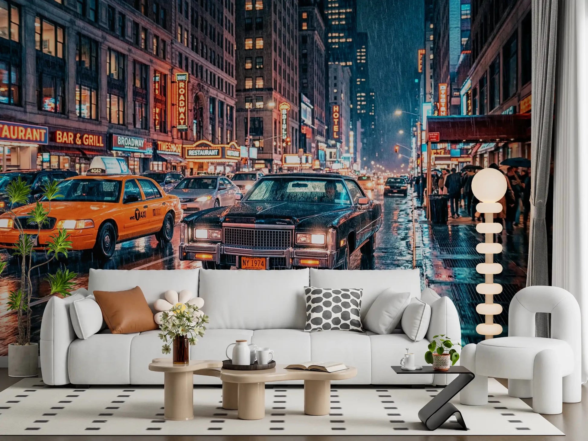 Office room neon NYC wall mural with city traffic and night lights
