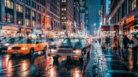 City street wall mural with neon glow and rainy night scene