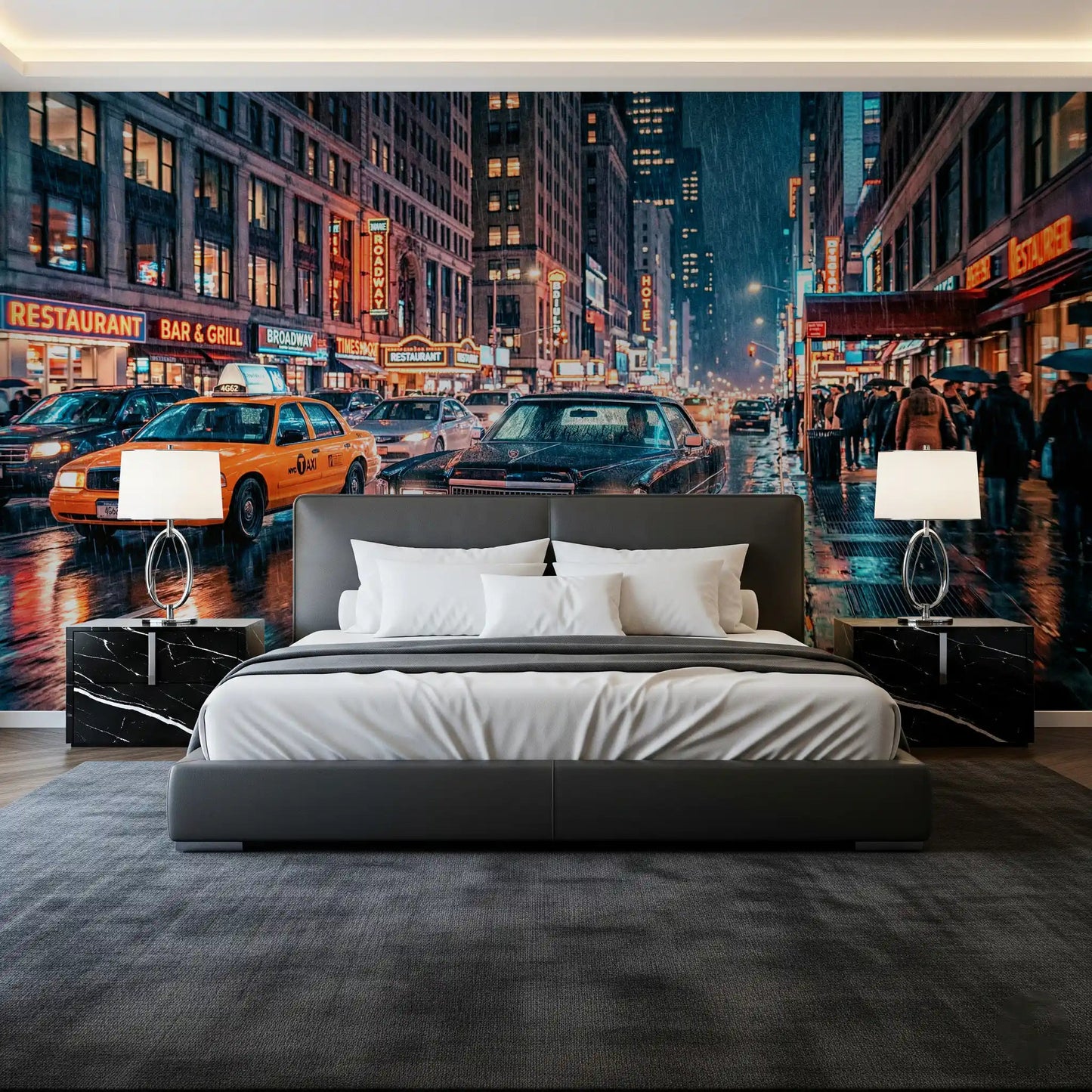 Bedroom urban NYC streets wall mural with neon signs and rain
