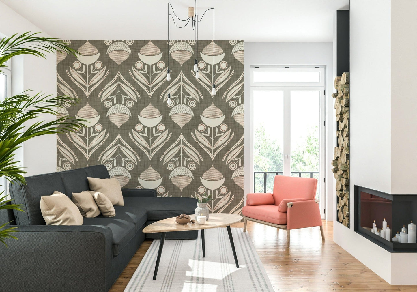 Repeating floral design with abstract seed pods and dotted details in soft neutrals on a gray backdrop