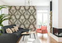 Repeating floral design with abstract seed pods and dotted details in soft neutrals on a gray backdrop