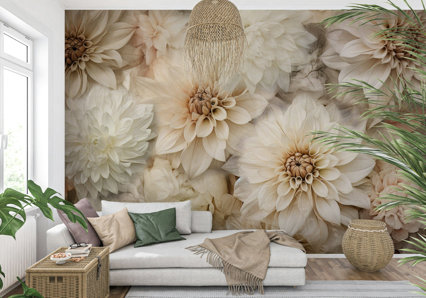 A graceful subtle bloom wall mural in cool, neutral tones.


