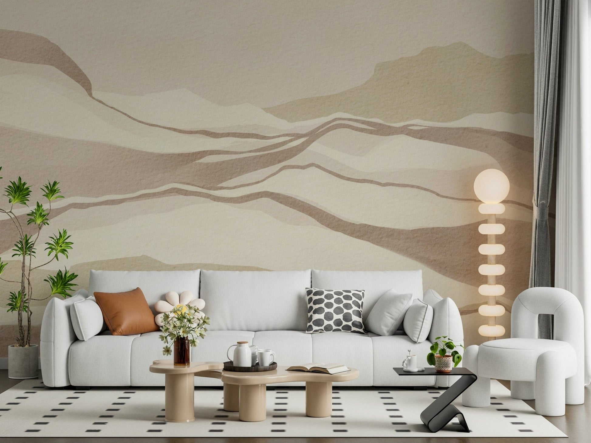 Soft Neutral Desertscape panorama using light ochre watercolor brush strokes.
