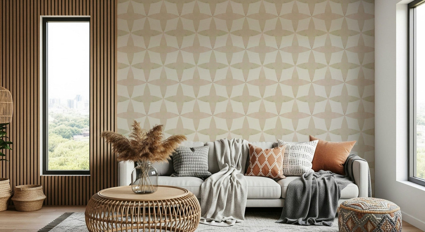 Abstract wallpaper repeating diamond and quatrefoil shapes.