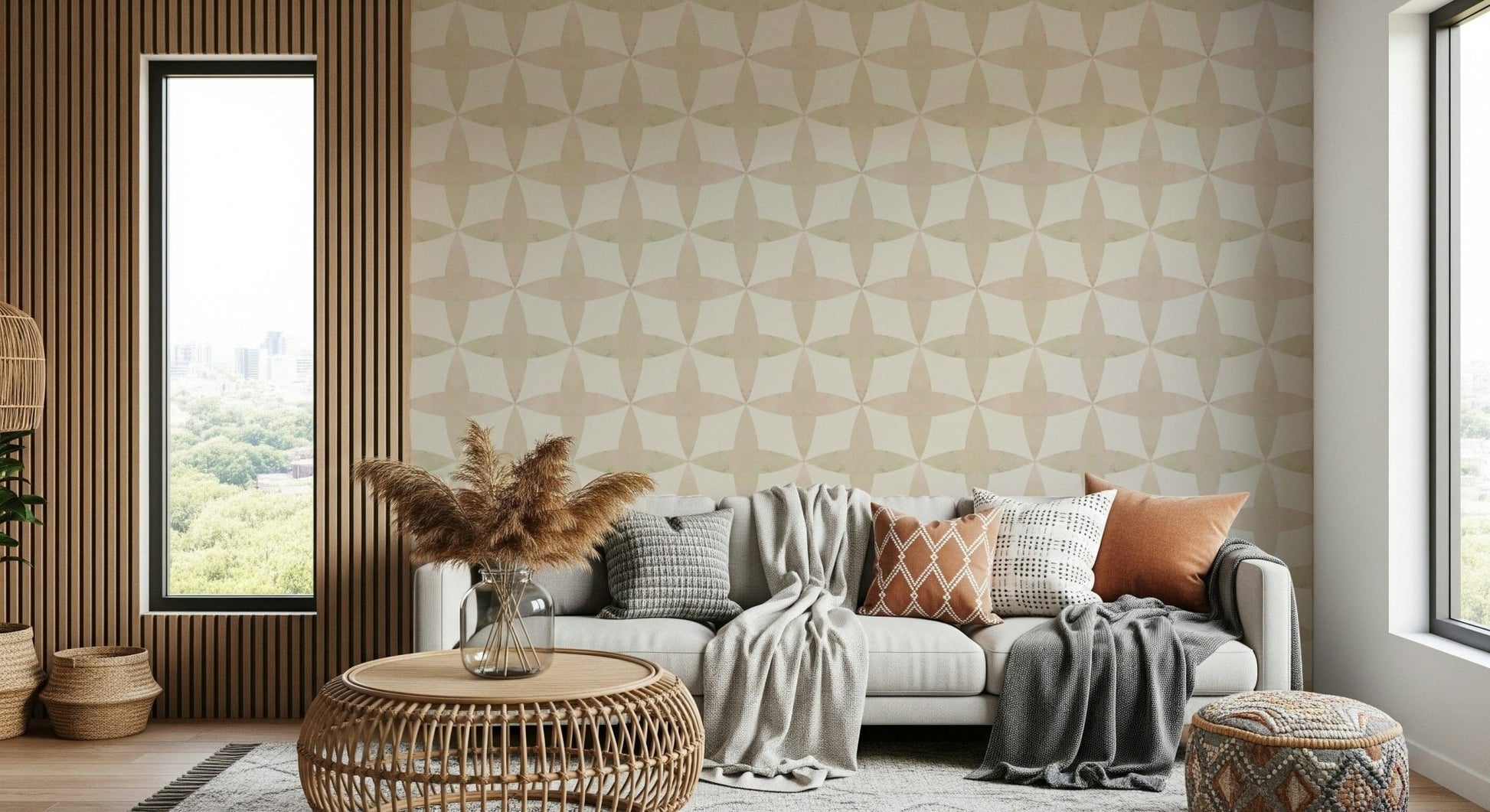 Abstract wallpaper repeating diamond and quatrefoil shapes.