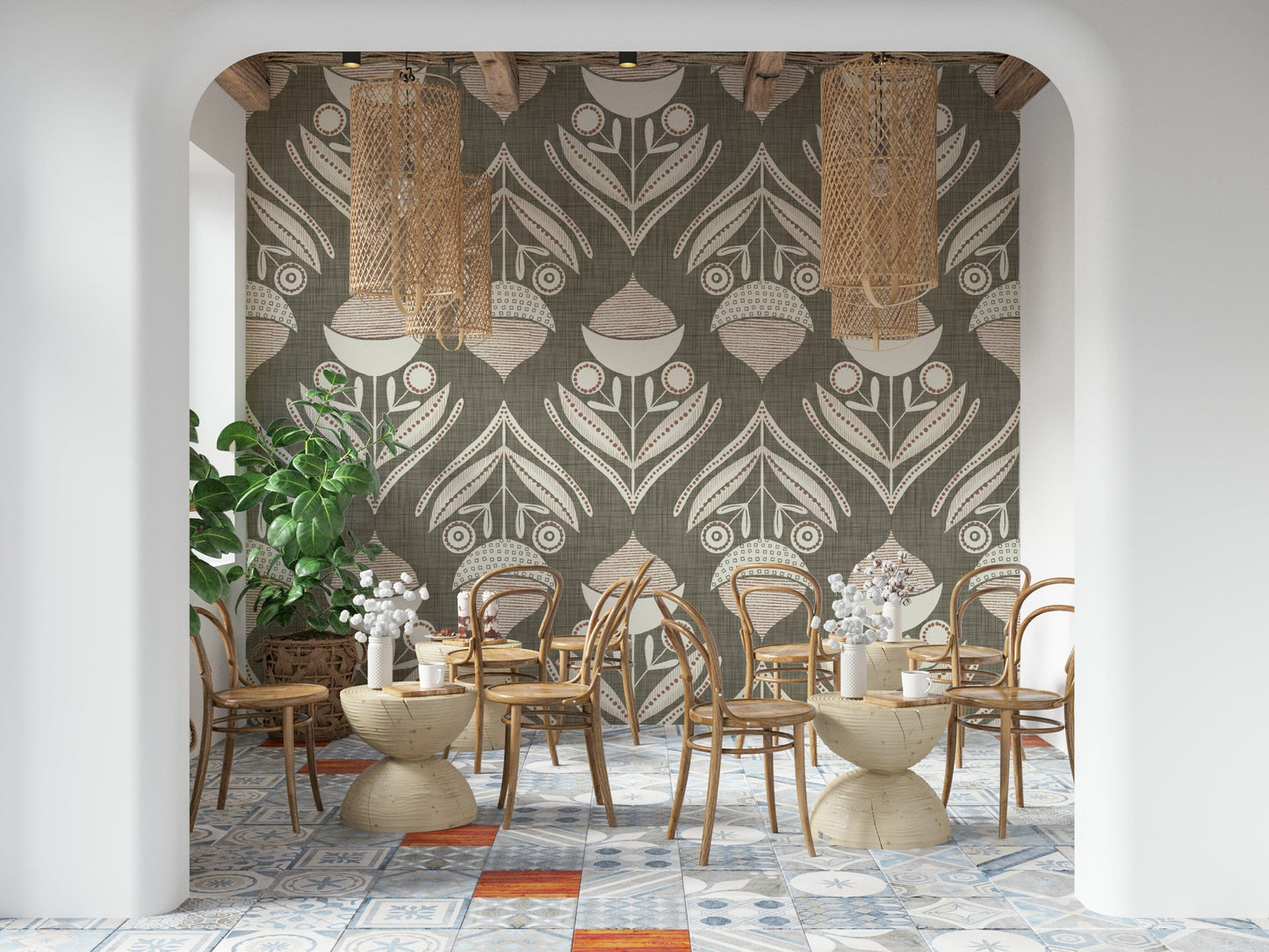 Warm gray wallpaper with symmetrical folk-inspired floral illustrations in calming neutral hues