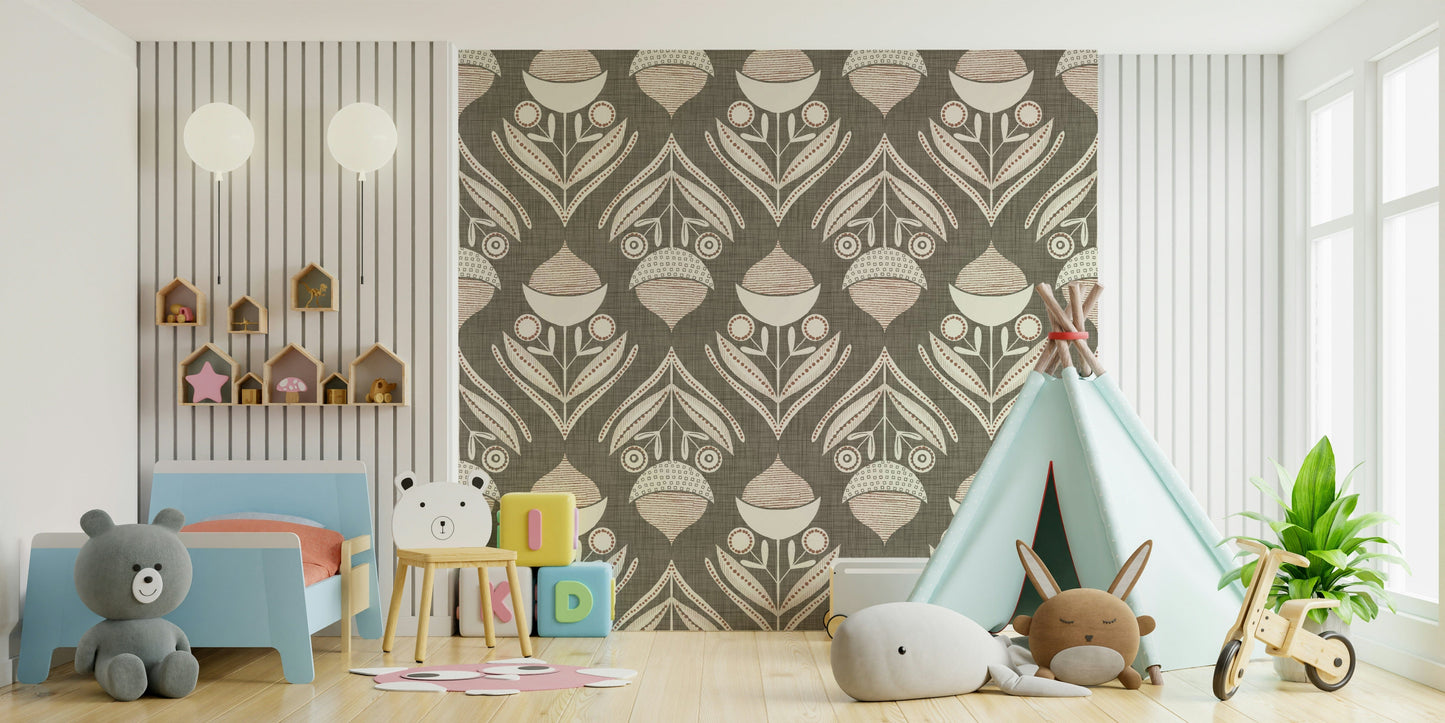 Neutral bloom textile wallpaper featuring cream and soft beige floral motifs on a warm gray woven background