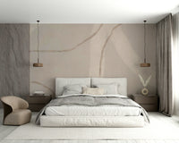 A peaceful geometric abstract mural on decorative wallpaper.

