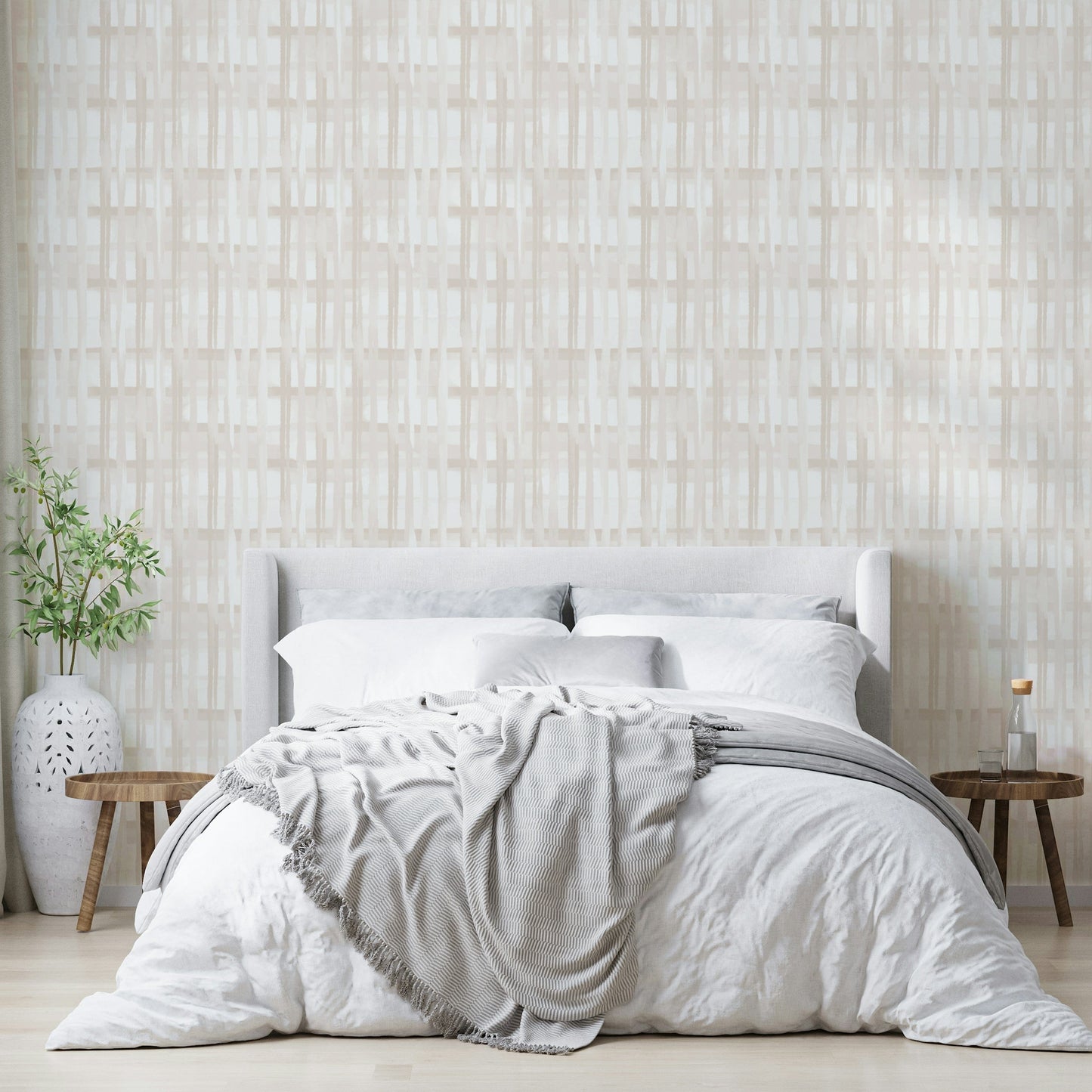 A contemplative neutral tone wallpaper mural for a feature wall.

