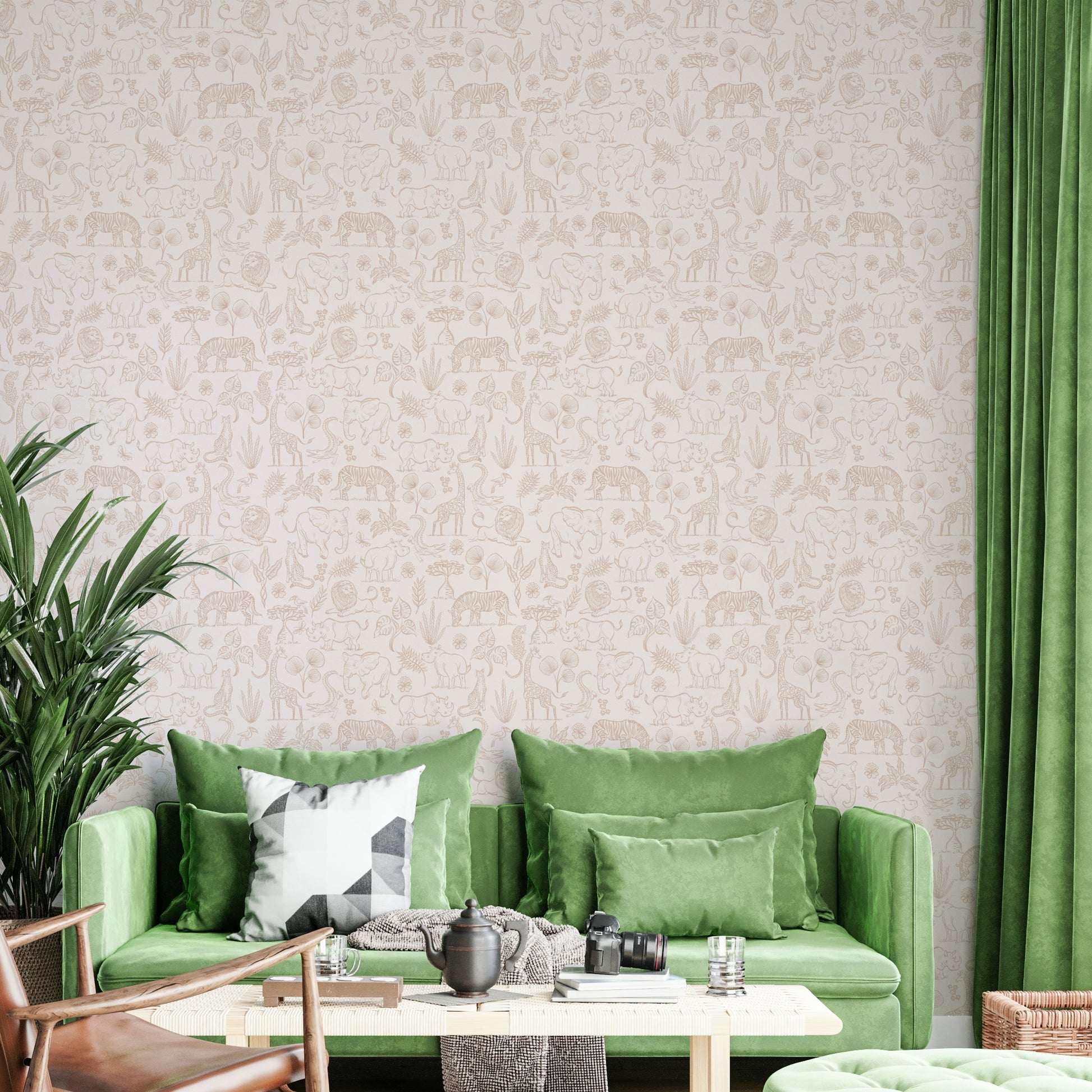 Safari adventure wallpaper in neutral shades for nurseries

