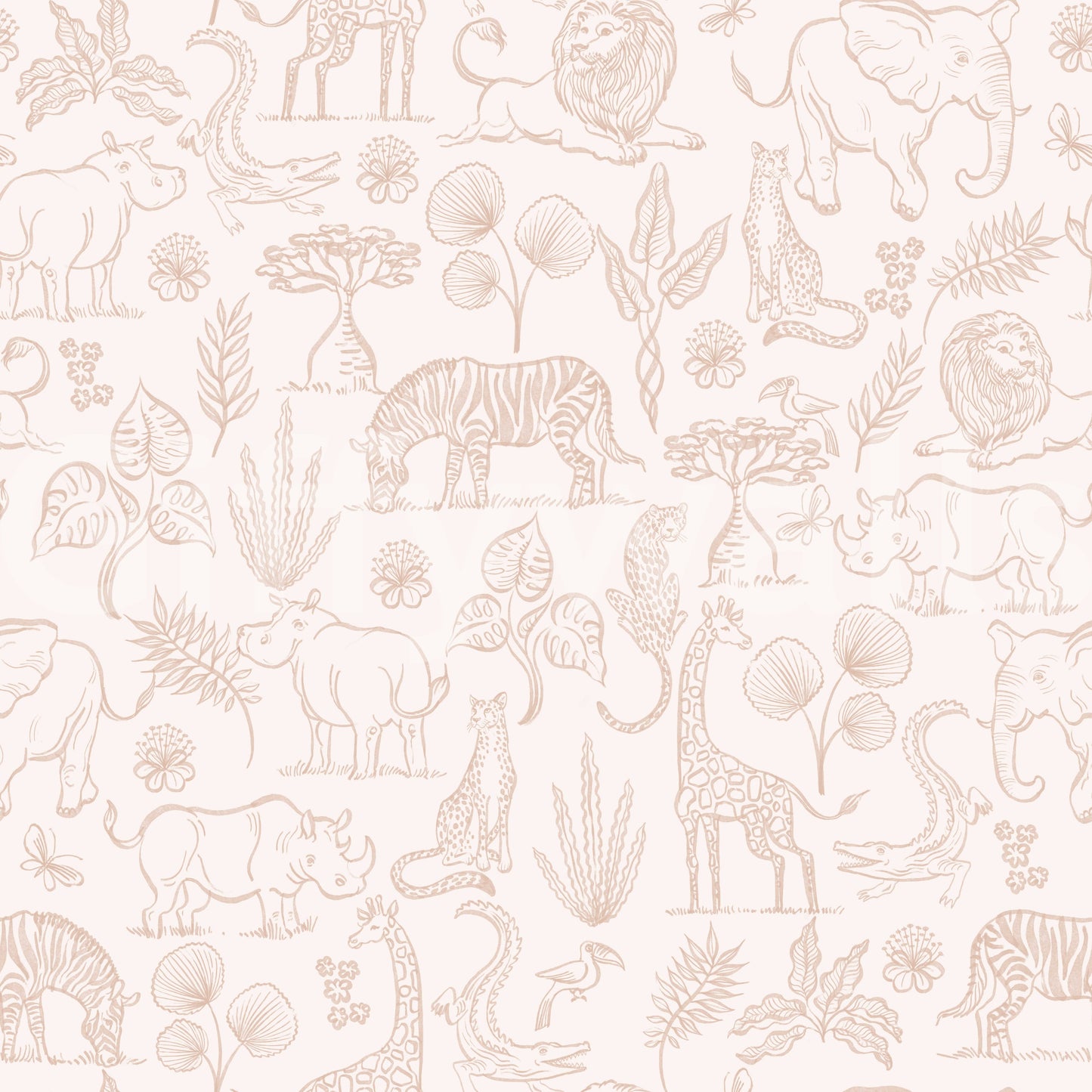 Neutral Safari Adventure wallpaper close-up showing blush line-art lions, elephants, giraffes and zebras on cream