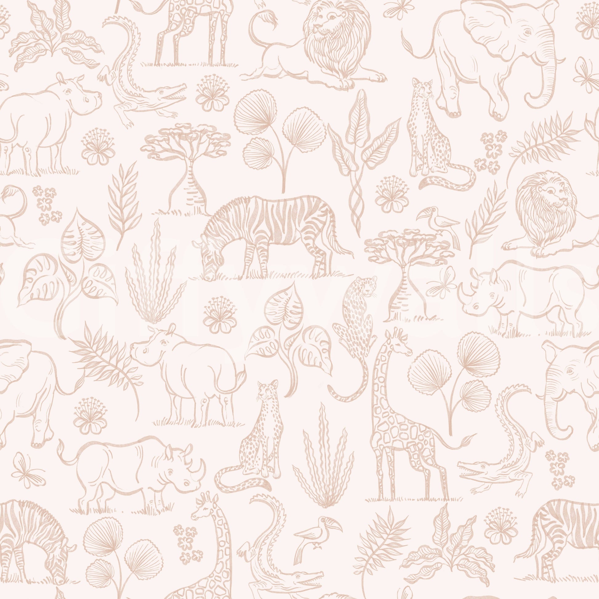 Neutral Safari Adventure wallpaper close-up showing blush line-art lions, elephants, giraffes and zebras on cream