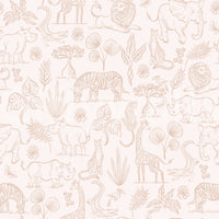 Neutral Safari Adventure wallpaper close-up showing blush line-art lions, elephants, giraffes and zebras on cream