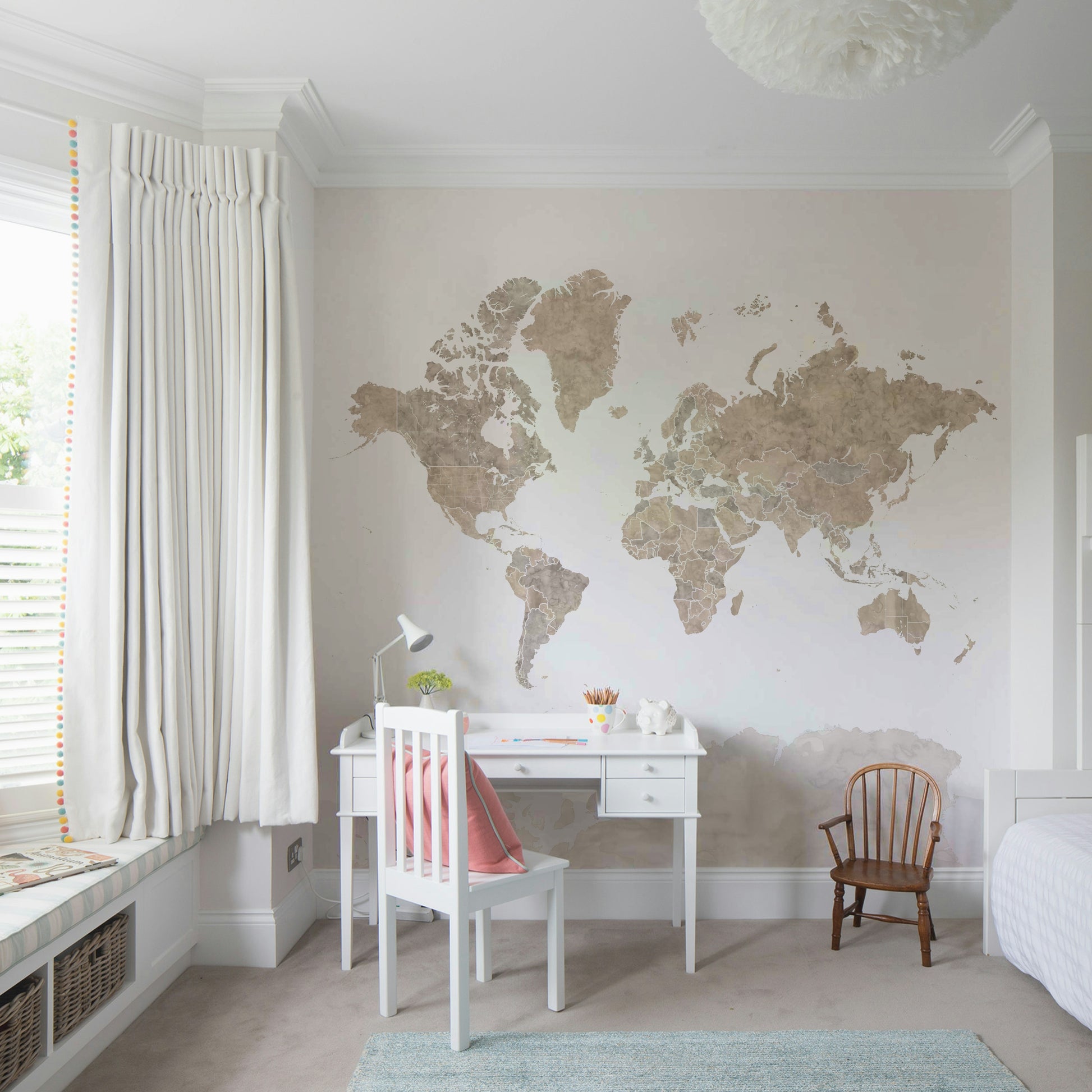 Watercolor world map with labeled country outlines


