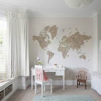 Watercolor world map with labeled country outlines

