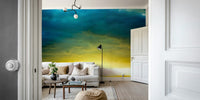 A peaceful dawn scene mural on decorative wallpaper.

