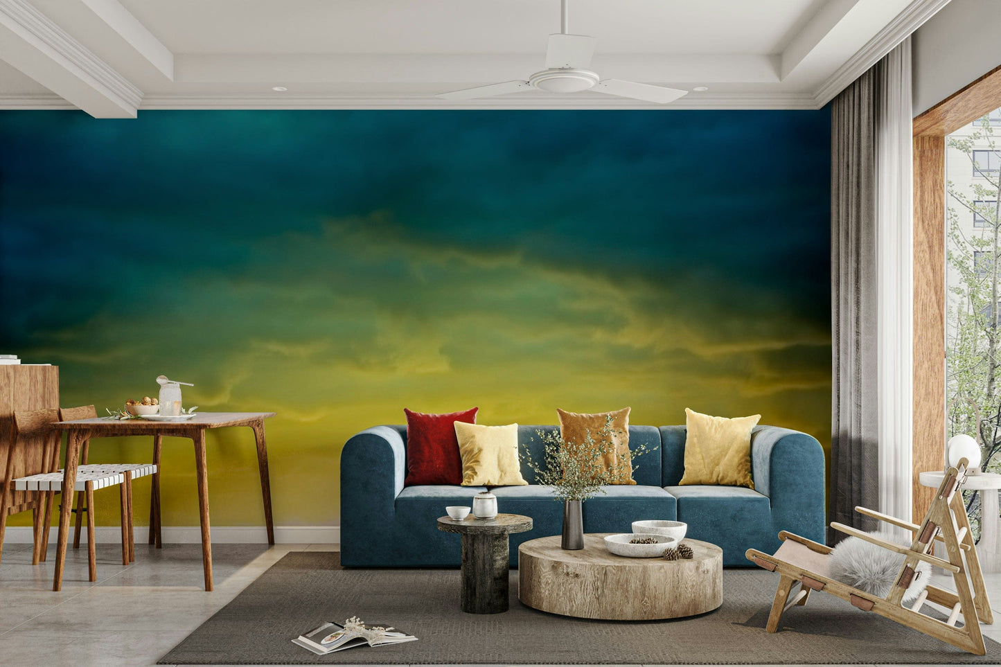 An artistic abstract sunrise mural on minimalist wallpaper.

