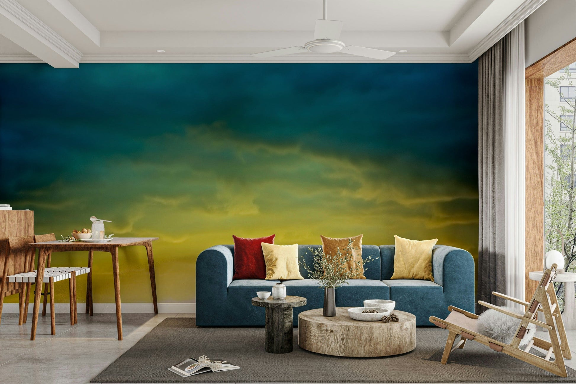An artistic abstract sunrise mural on minimalist wallpaper.

