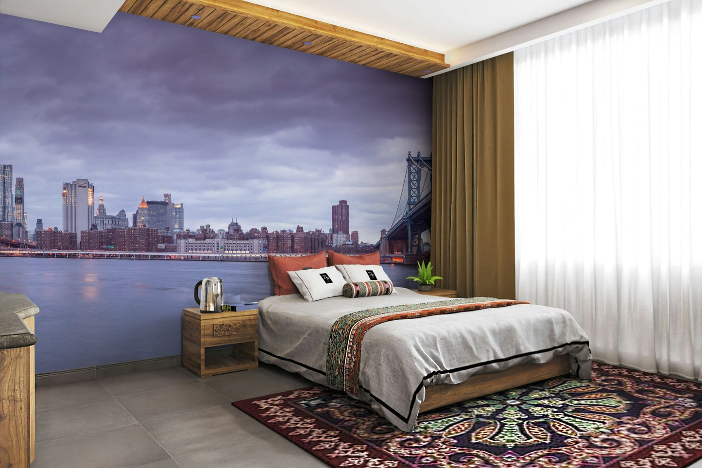 The bridges are detailed and lit up against the evening sky.

