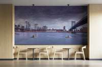 A wall mural featuring a serene city view at twilight.

