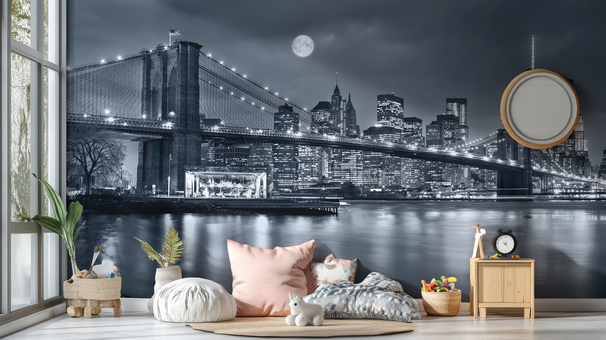 New York City Night View wallpaper mural with full moon behind soft floor cushions in a cozy play nook