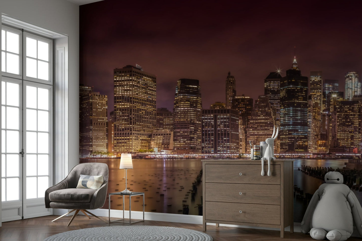 Nighttime cityscape mural showcasing New York City lights

