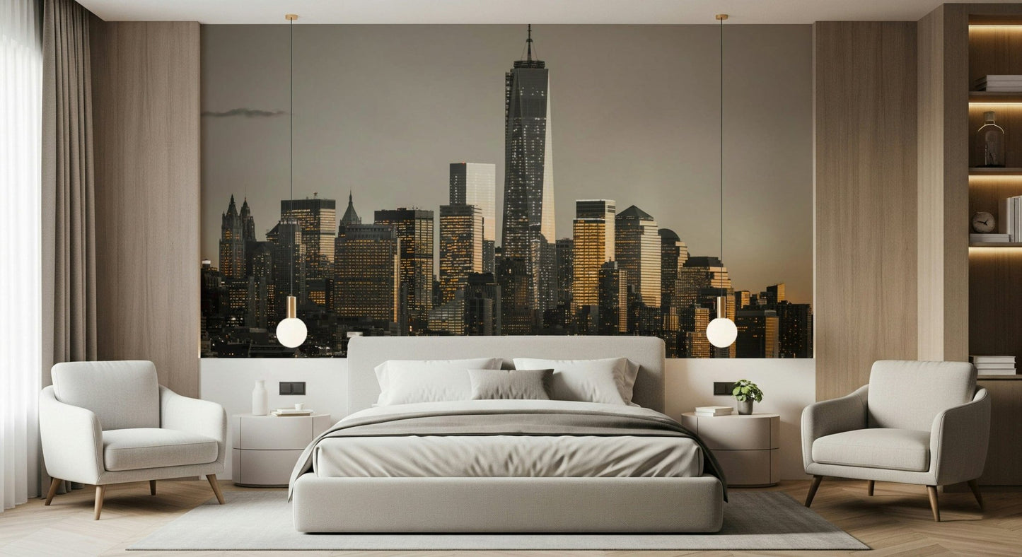 New York Cityscape Glow accent wallpaper, dazzling nighttime panorama.