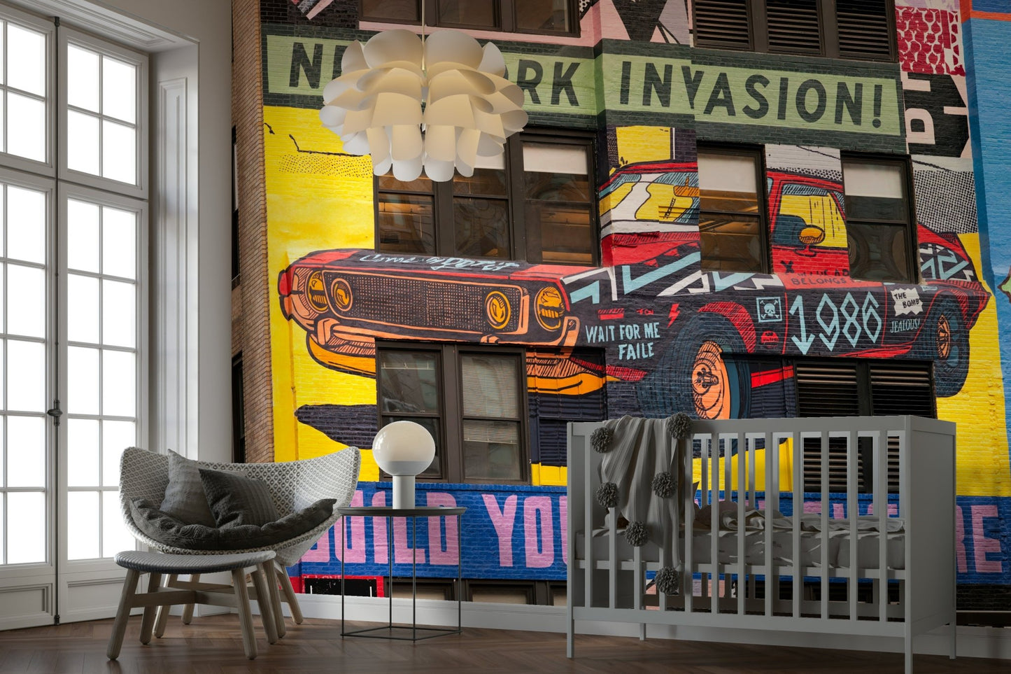 Graphic city mural with bold messages and car art

