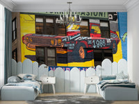Colorful building mural featuring retro themes and slogans

