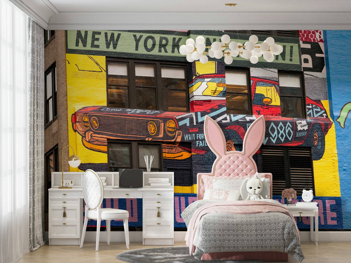 Pop art mural with car and “New York Invasion” text

