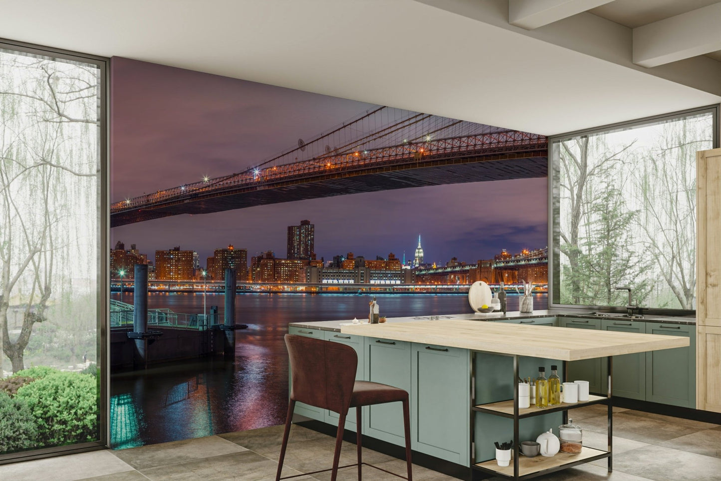 A wall mural featuring a vibrant city skyline at night.

