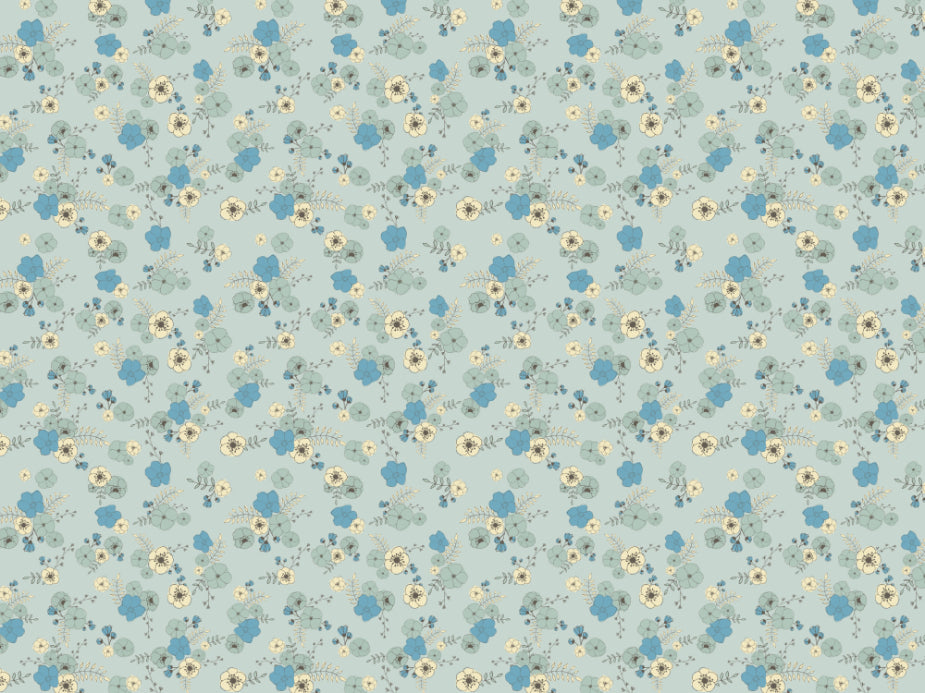 Ditsy Blooms Pastel Blue Wallpaper in your room — zoomed