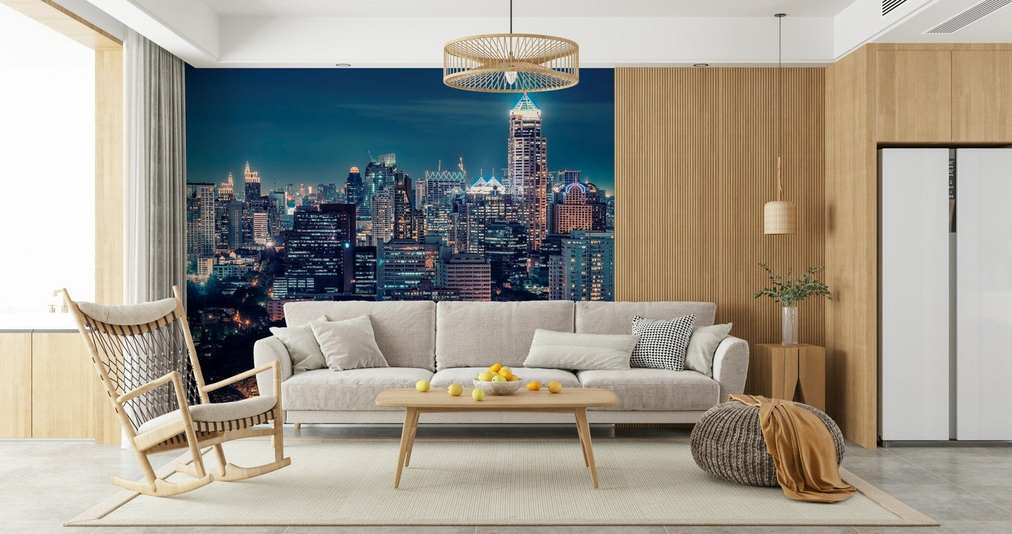 City lights wall mural in hallway, modern wall decor with dark colors