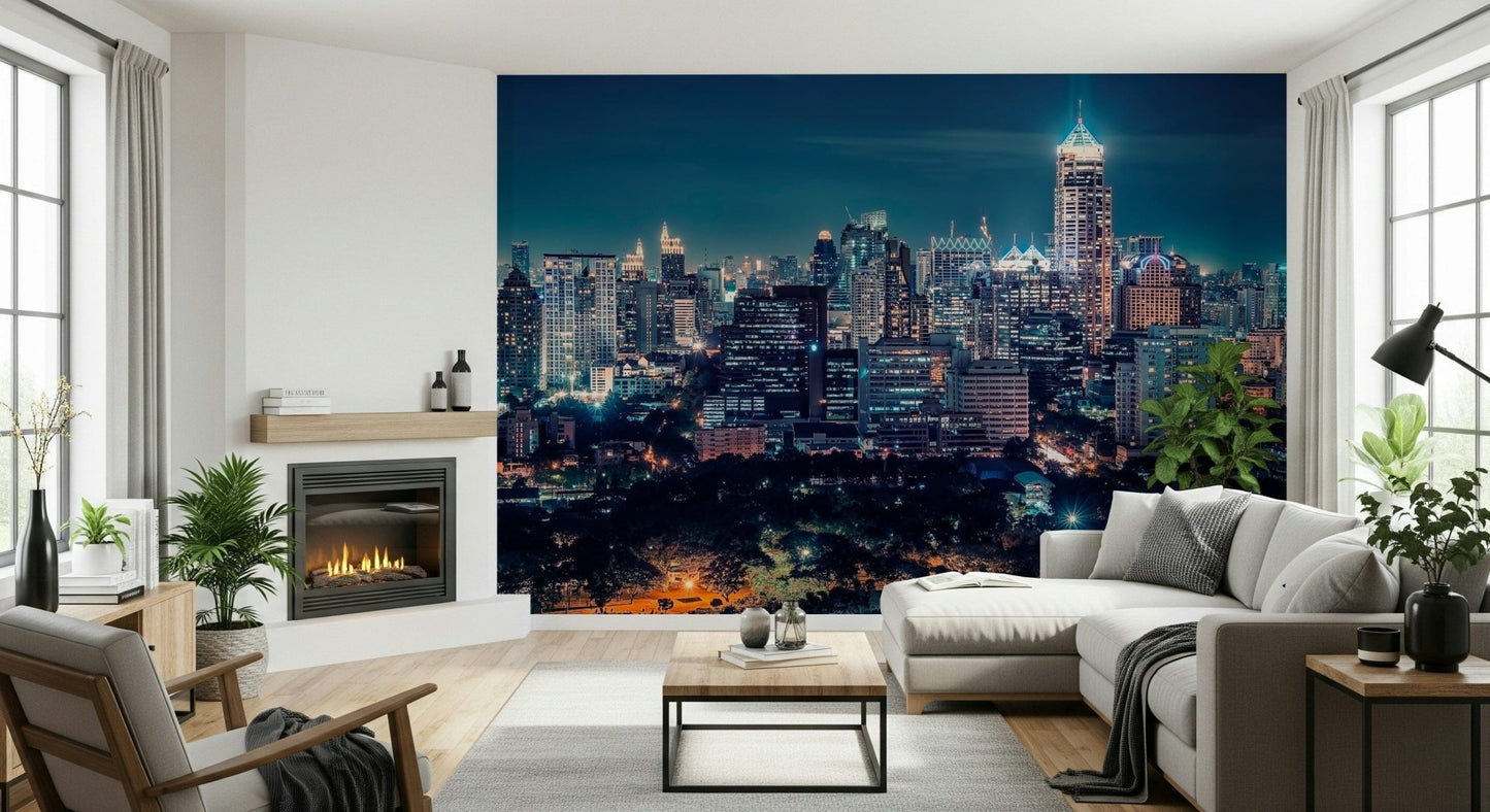 City skyline at night mural in apartment bedroom, cool color tones