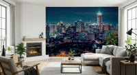 City skyline at night mural in apartment bedroom, cool color tones
