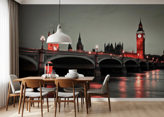 Night Magic wallpaper mural of red-lit Big Ben and Westminster Bridge at night in a dining room with a wood table and grey chairs