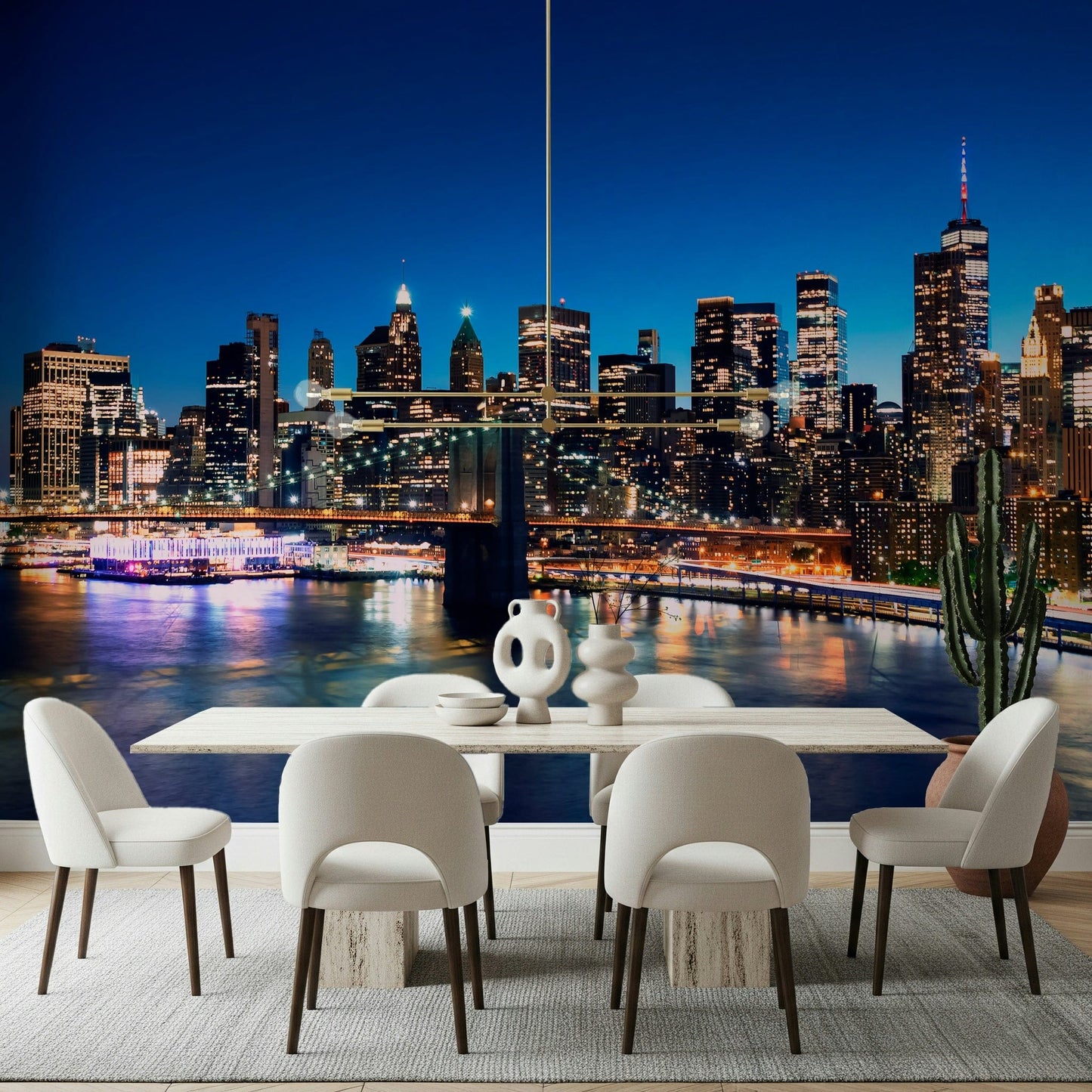 Night Metropolis wallpaper mural of Manhattan at night behind a white dining table and chairs in a dining room