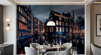 Evening city wall mural brightens neutral interior